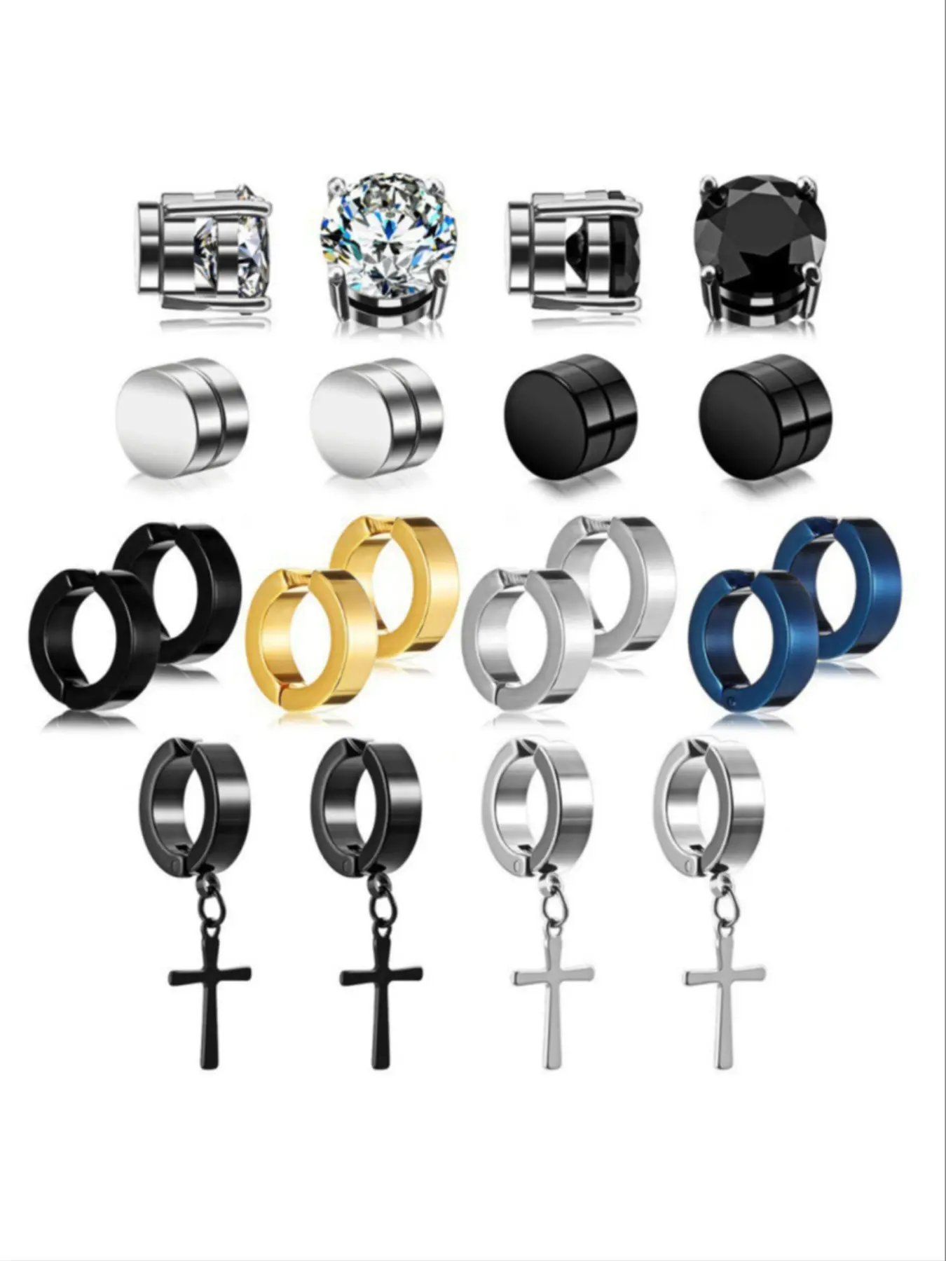 Magnetic Non-Pierced Clip Earrings Set, Earrings Hoops, Stainless Steel Zirconia, Unisex Fashion Jewelry Accessories, Trendy Ear Studs for Men & Women