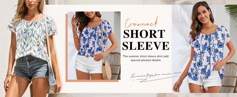 Women's Summer Floral Tunic Tops Short Sleeve Crewneck Casual Loose Pleated Blouse S-XXXL Everyday Boho Style