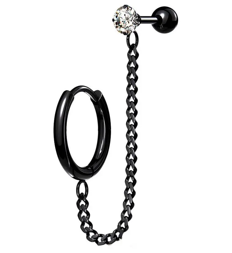 Black PVD Linked Hinged Hoop Ring & CZ Cartilage Barbell