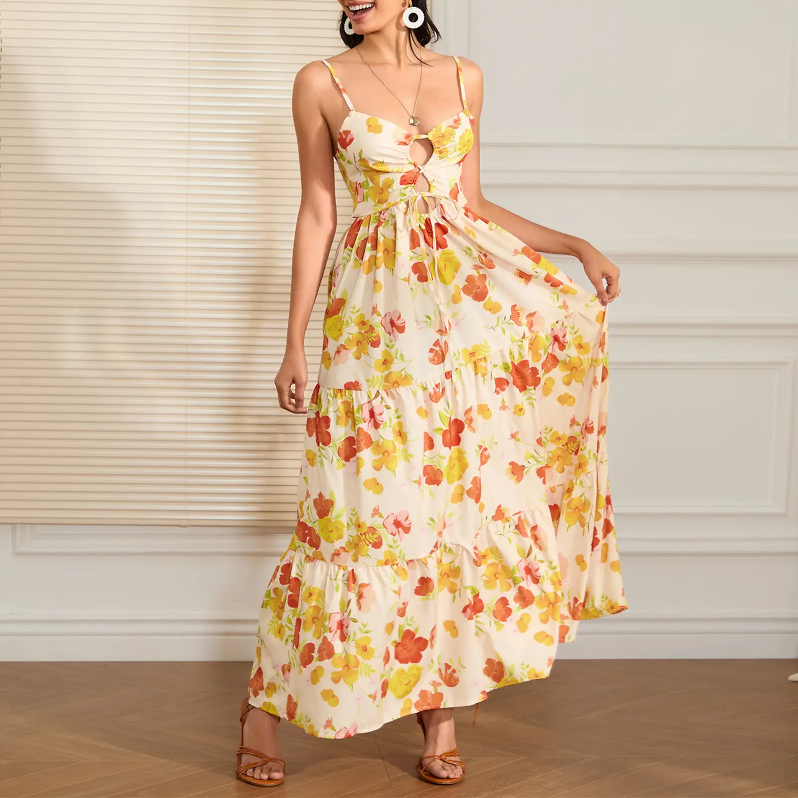 knee length dresses for ladies Big Flower Spaghetti Strap Midi Dress Off-White Red Flower / S main image 1