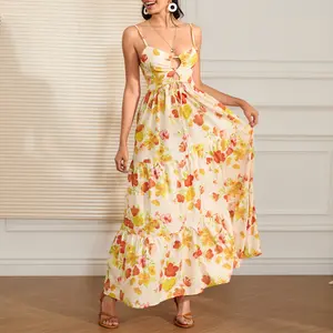 Women's Long Beach Dress Sleeveless Spaghetti Strap Cross Tie-up Front Floral Print Dress Midi Slip Dress Outdoorfun