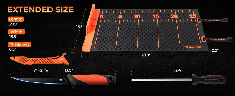 Product Introduction of KastKing EZ Fillet Fish Fillet Mat, Anti-slip Texture With 25" Integrated Ruler, Extended Dimensions, Easy to Clean Material, Portable Storage, Fish Cutting Board Chopping Block Ceramic 12