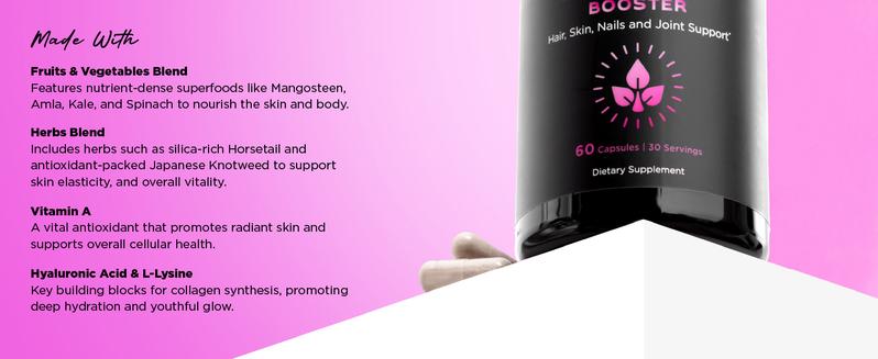 Vegan Collagen Booster - Plant-Based Collagen Supplements - Supports Hair, Skin, Nails & Joints - with Hyaluronic Acid - 60 Capsules