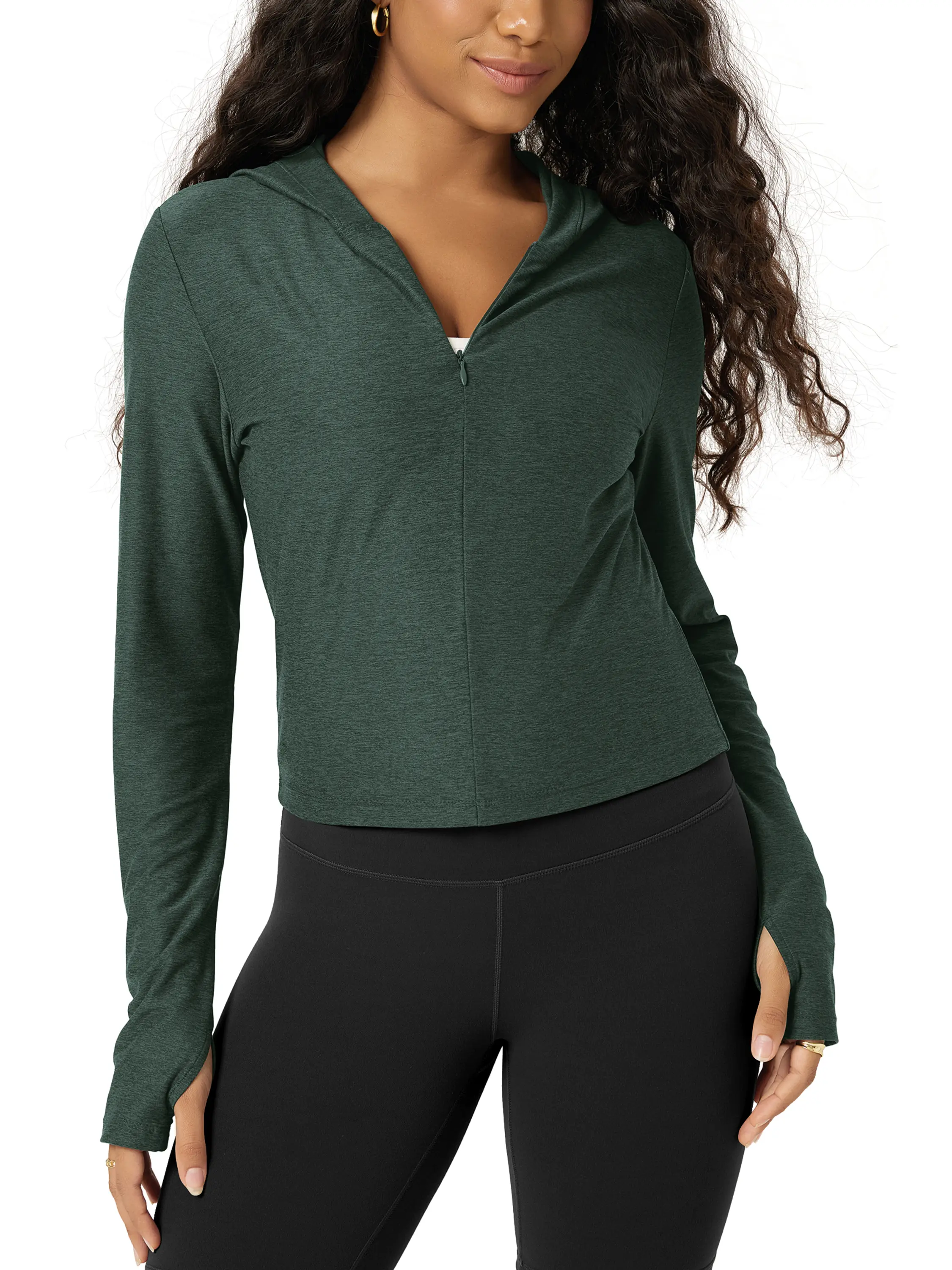 ODODOS Women's Half-Zip Crop Hoodie - Ultra Soft odSTRATUM Tech Performance Pullover, UPF 50+ Long Sleeve Top with Thumb Hole