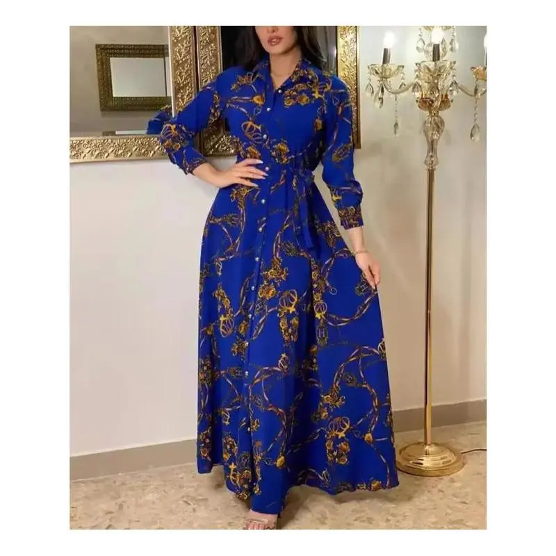 Ladies' Muslim Casual Loose Long Collared Neck All Over Print Abaya Shirt Dress, Ramadan Sport & Outdoor Activity Wear, Modest, Store Outfit, Ramadan Wear, Sporty Sports Clothing Sets