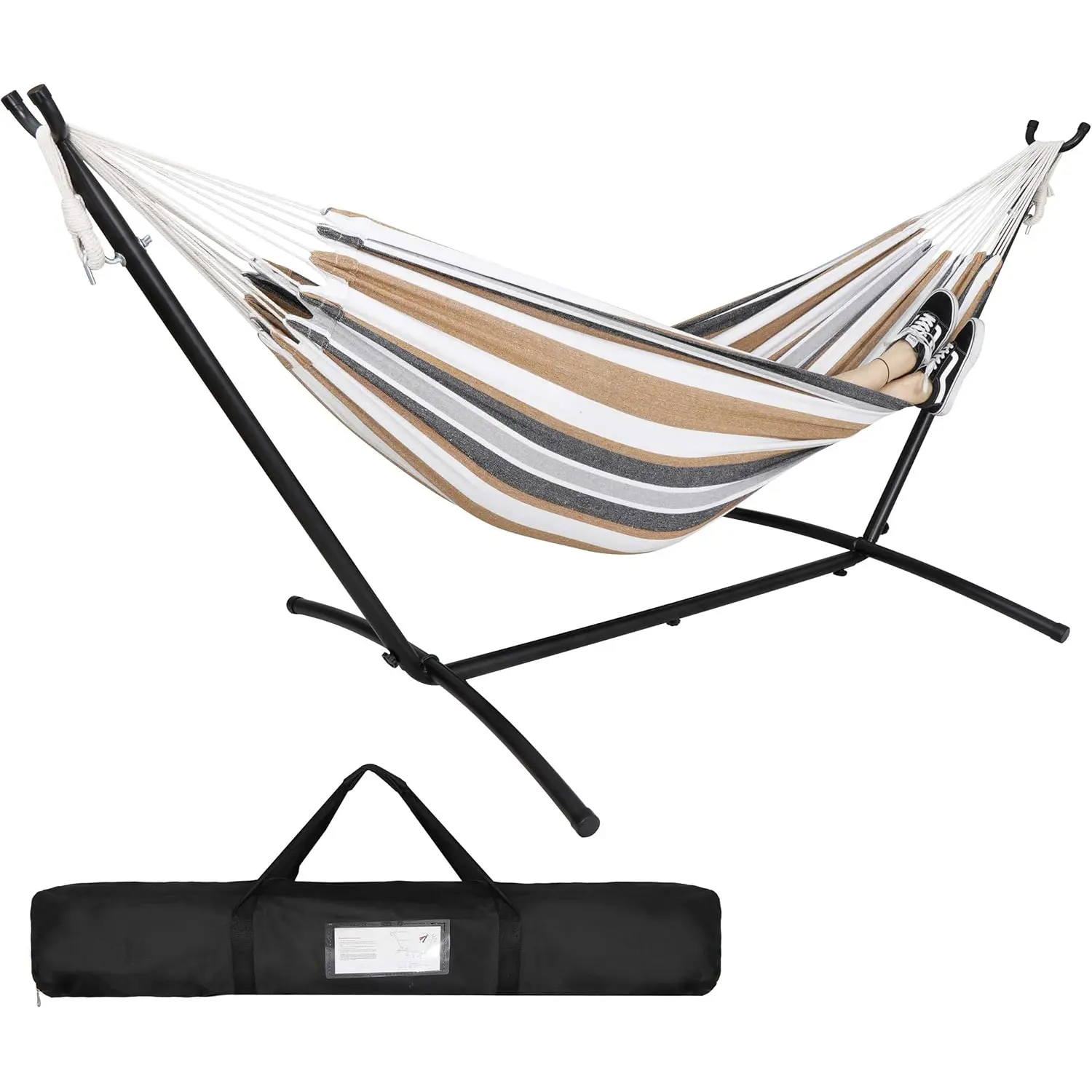 LEMY Double Cotton Fabric Hammock with Heavy-Duty Adjustable Sturdy Steel Stand That Feels Steady - 6-Layer Height Set, 2-Person Wide Bed for 2 Adults, 440 lb Capacity, Desert Stripe Style for Backyard Patio, Double Hammock, For 2 People