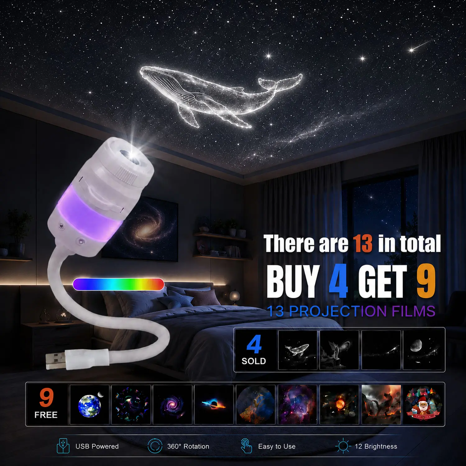 2-in-1 Galaxy Star Projector with 4 Optical Glass Lenses & 9 FREE Discs (13-in-1), HD Planetarium & RGB Night Light for Kids Bedroom, Baby Nursery, Gaming Desk Setup, Dorm & Gift