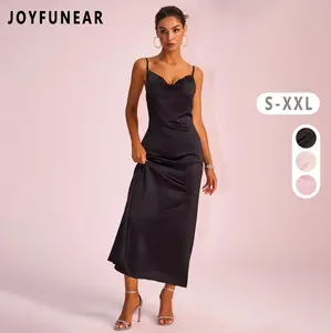 Joyfunear Women's Satin Slip Maxi Dress with High Slit - Elegant Cowl Neck Party Gown for Formal Events & Date Nights