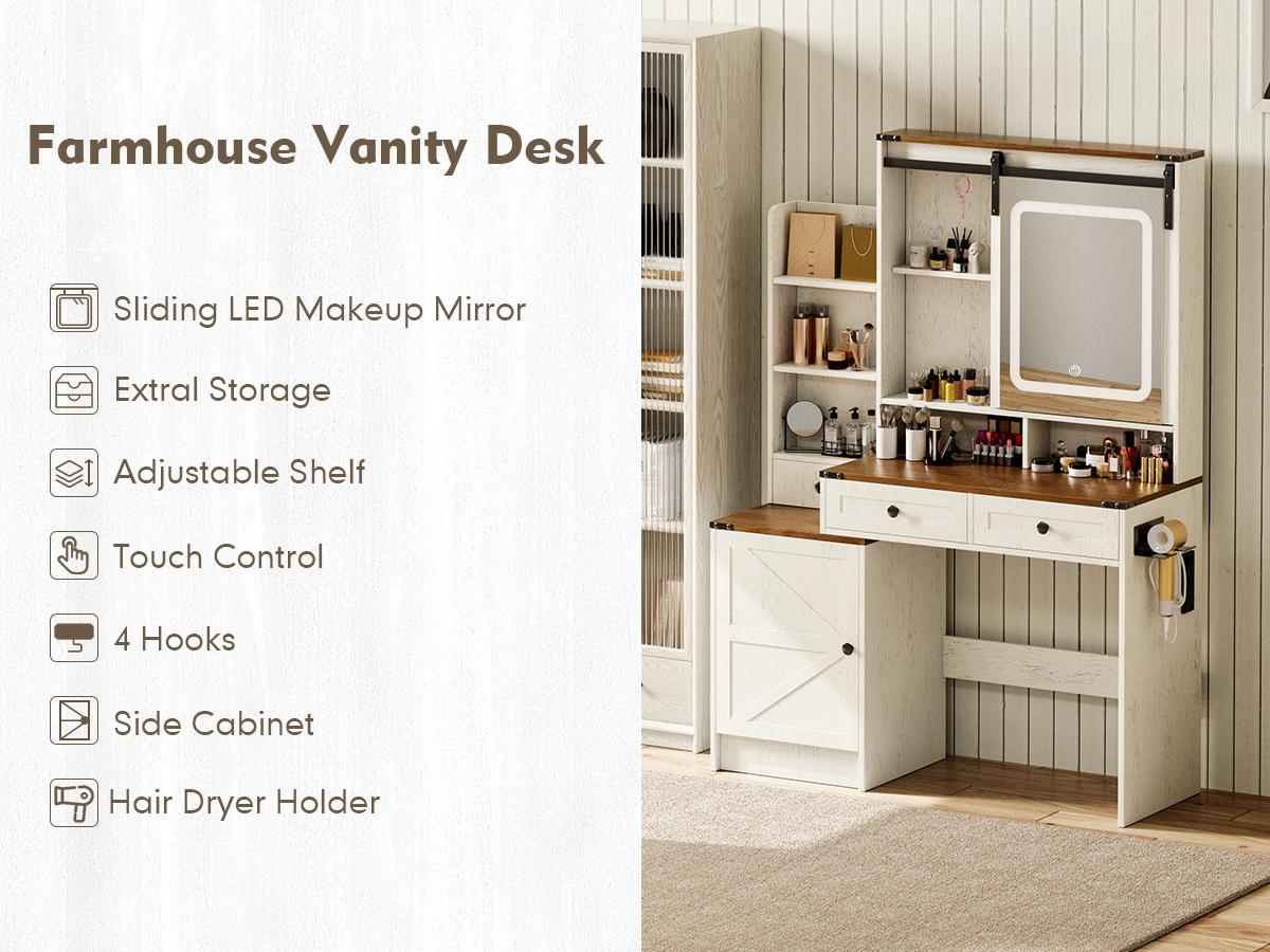 Makeup Vanity Mirror with Light, Large Women Vanity Desk with Touch Screen Mirror Lights & Power Outlet, 4 Cabinet, 2 Shelves & 5 Drawers for Bedroom,[Gift Idea]