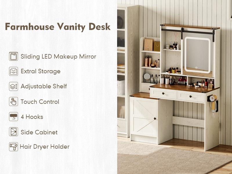 【Valentine's Day gift】Makeup Vanity Mirror with Light, Large Women Vanity Desk with Touch Screen Mirror Lights & Power Outlet, 4 Cabinet, 2 Shelves & 5 Drawers for Bedroom,[Gift Idea]