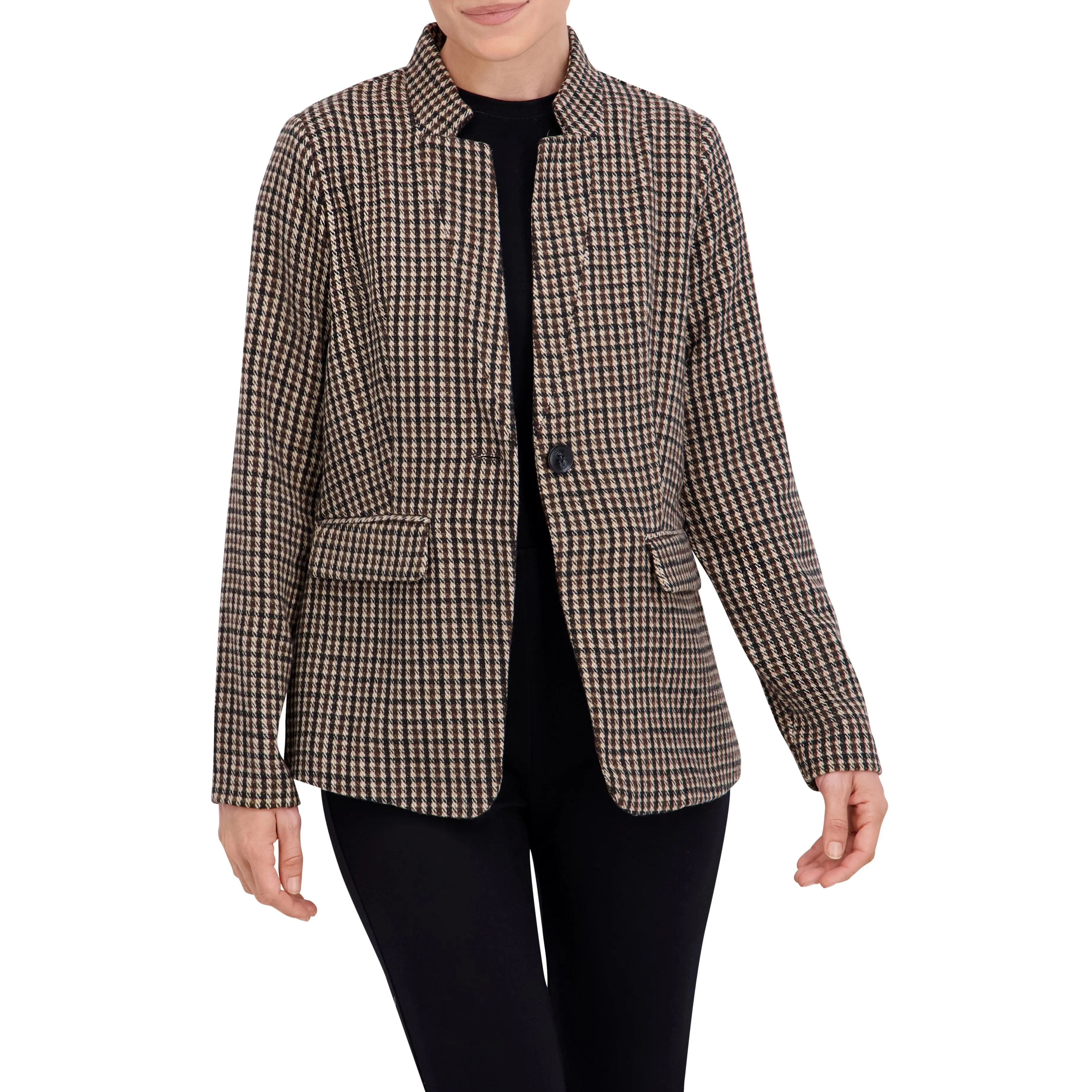 Inverted Collar Plaid One Button Unlined Blazer