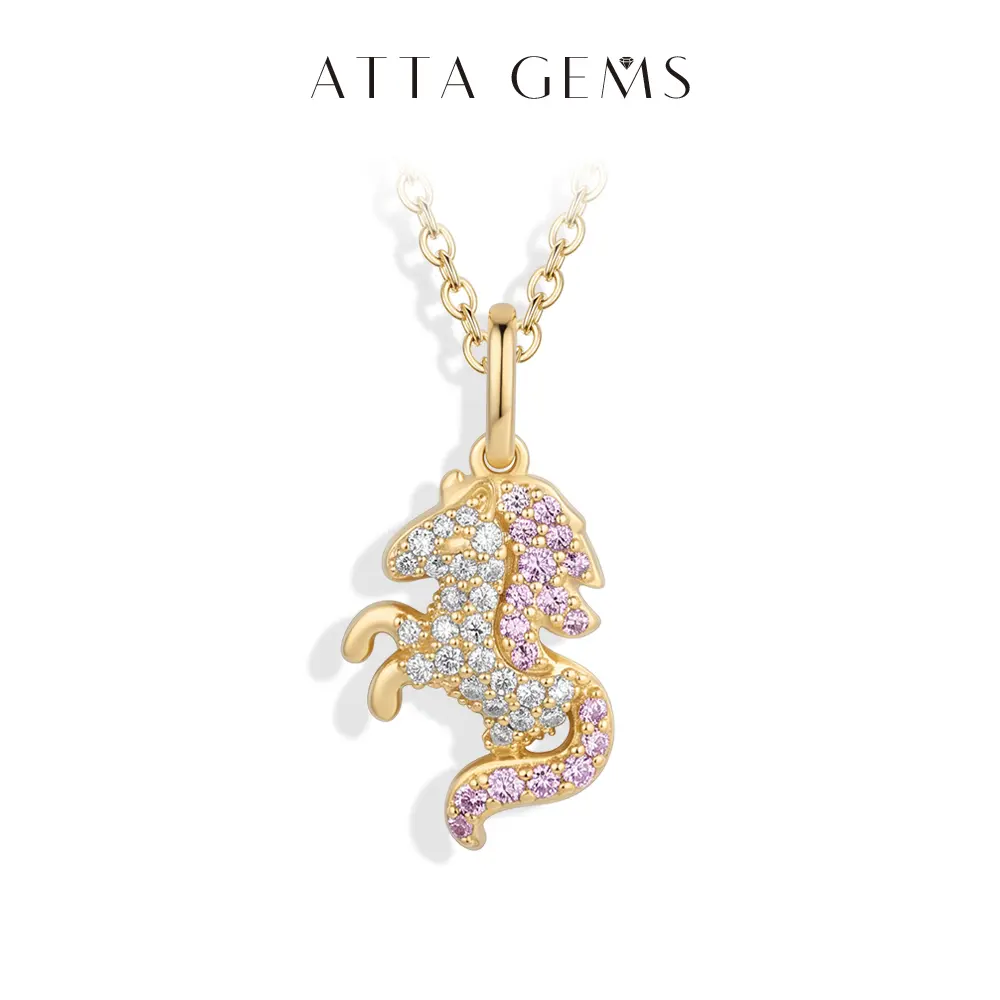 ATTAGEMS S925 Sterling Silver Whimsical Unicorn Necklace for Women, Cute Look Synthetic Gems Pendant with Moissanite, Pink Zircon, Birthday Gift