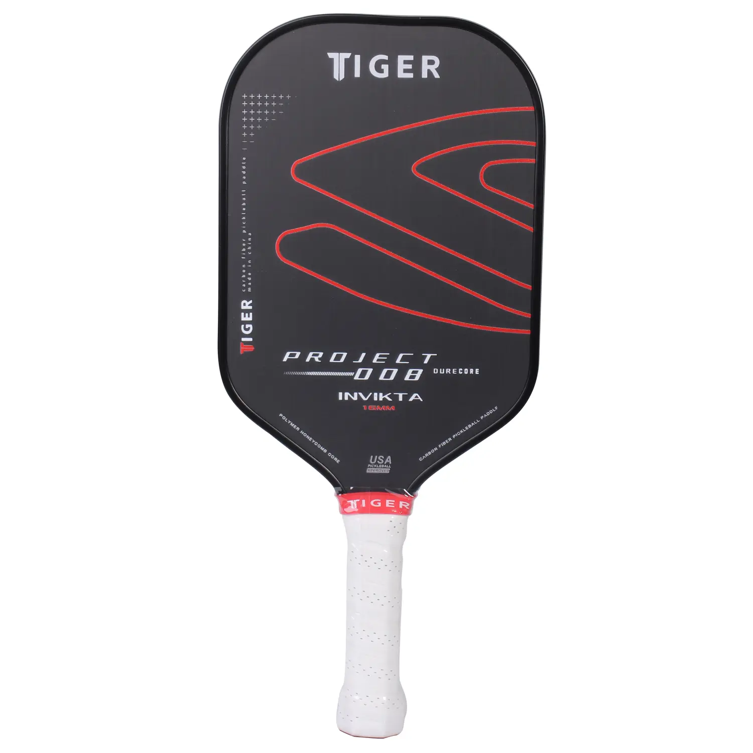 Tiger Project 008 Invikta 15 T700 Carbon Fiber Pickleball Paddle Enhanced Power Spin Control Anti Slip Grip Lightweight Black Carbon Friction Surface Polymer Core Ergonomic Handle Modern Equipment