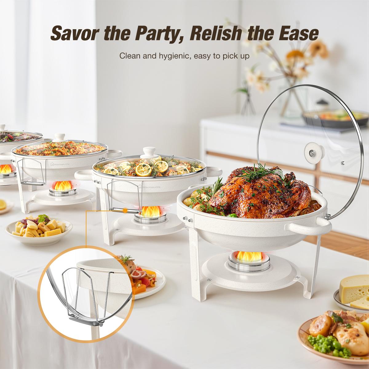 WARMOUNTS 5QT White Chafing Dishes for Buffet with Glass Lid 2/4 Pack, Maifanite-Coated Round Chafing Dish Set w/Mirror-Polished Stainless Steel Rolled Rim, Stackable, Lid Holder for Party, Wedding