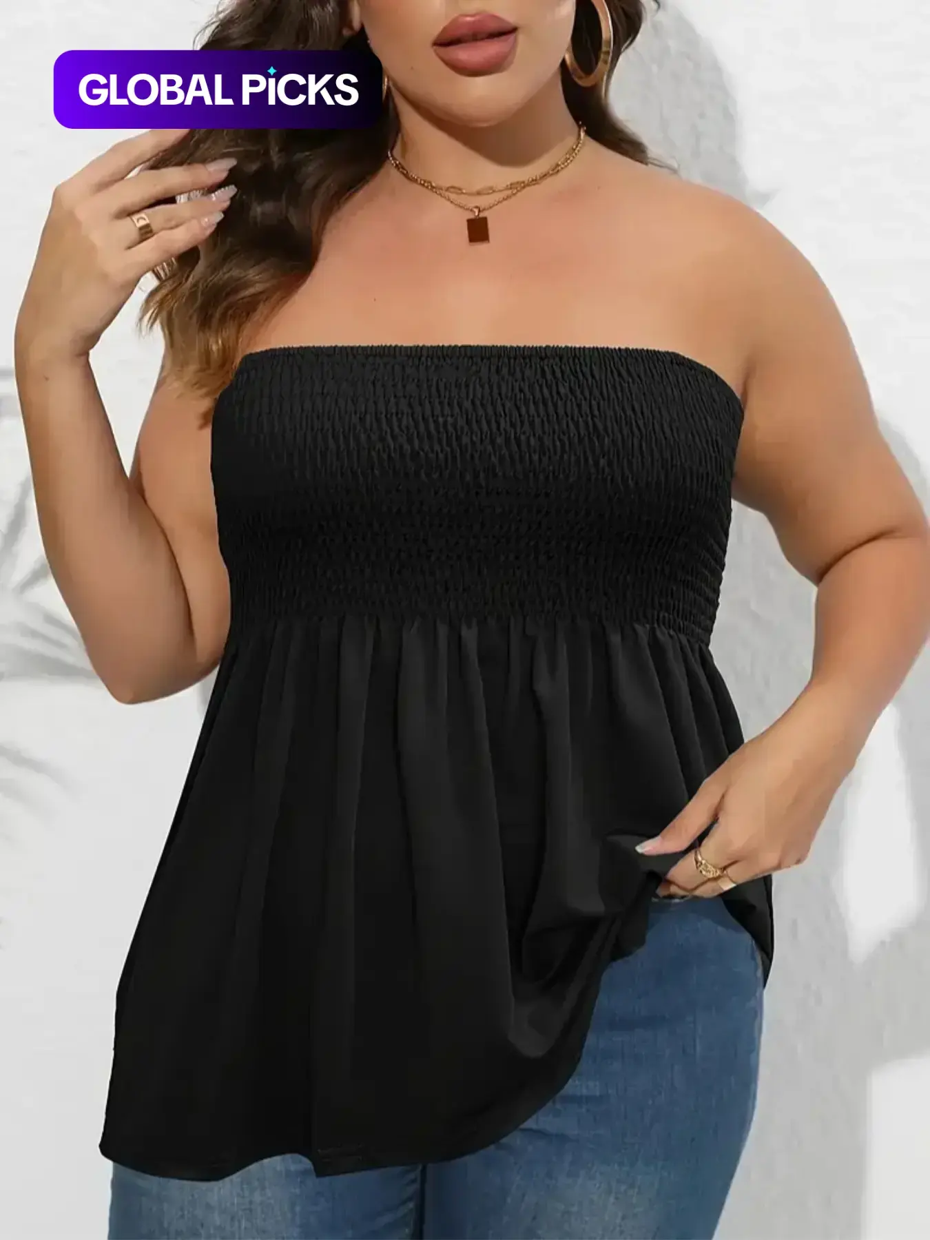 Plus Size Solid Ruffle Hem Peplum Shirred Fitted Tube Top, Boho Fashion Chic Elegant Style Tops, Lady Strapless Top, Womenswear, Casual Summer Sleeveless Strapless Black Top, Trendy Top, Frill Trim Shirred