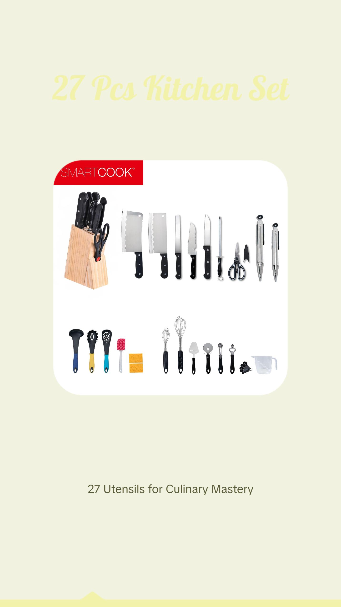 SmartCook 27 Pcs Kitchen Utensils Set with kitchen Knife Block Set with sharpener, Premium Stainless Steel,Cooking Utensils Set, Kitchen Gadgets Tools Set, Lightweight and Strong, Spoon, Ladle, Silicone Whisk and more, Utensils de Cocina