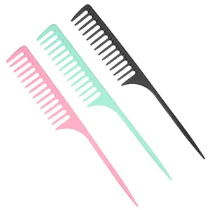 VOCOSTE 3 Pcs Wide Tooth Rat Tail Comb, Plastic Long Tail Comb, Tip Tail Combs for Wet Curly Hair, Parting Comb for Women Men, Green Pink Black