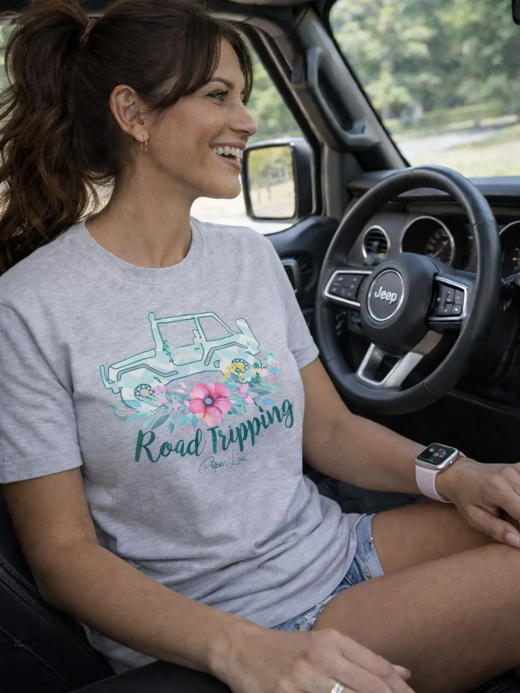 Women's Classic Casual Short-Sleeve Ring-Spun Cotton-Polyester Automotive Jeep Road Tripping T-Shirt - Dark Heather, Crew Neck, Quarter Turn, Shoulder Tape, Durable Seams, Double Stitched Tops