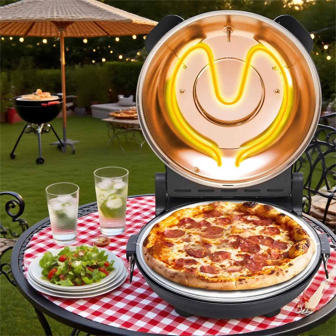 Indoor Countertop Electric Pizza Oven (12 in) - Kitchen Appliances for Home Dining, Premium Glazed Finish Ceramic Stone Cooker & Grill, 6-min Crust, View Through Window, Creamy White
