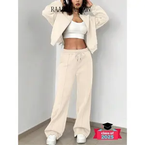 Two-pieceSetWomen'sSolidZipUpDropShoulderJacket&Pocket?Drawstring?WaistPants,Casual?Style?Fashion?Apparel?CozyBreathableTwoPieceOutfitsforDailyOutdoorWear,LadiesClothesforAllSeasons,Womenswear??gift?? Suits Basic