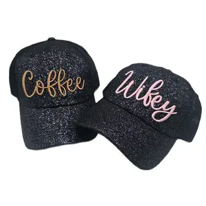Customized Name Black Glitter Ponytail Trucker Hat Velcro Strap