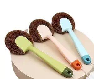 Pastel Long-Handle Coconut Fiber Pot Brush | Natural Bristles for Non-Scratch Cleaning | Kitchen Grease & Stain Remover Tool