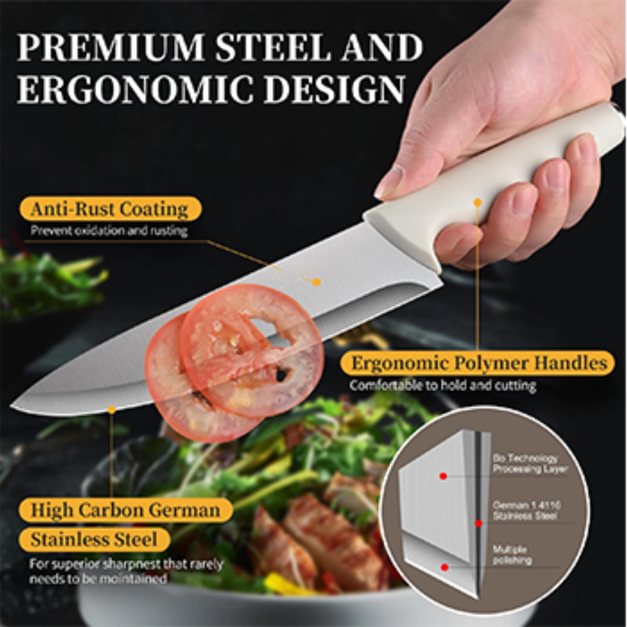14-Piece Kitchen Knife Set Material: High-carbon stainless steel, with sharp blades Includes: Serrated steak knife set (stainless steel material); it also features modern kitchen utensil properties Block German Kitchenware