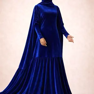 MISR Velvet Abaya Luxury Batwing Modest Dress with Adjustable Waist Full Hijab Coverage & Dramatic Gathered Hem for Winter Events Blue