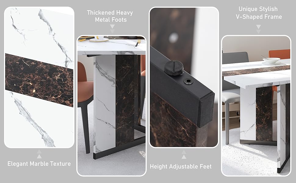 71" Large Luxurious Rectangular White Dining Table for 6-10 People with Marble-Color Wood Tabletop, Adjustable Metal Legs, Modern Design