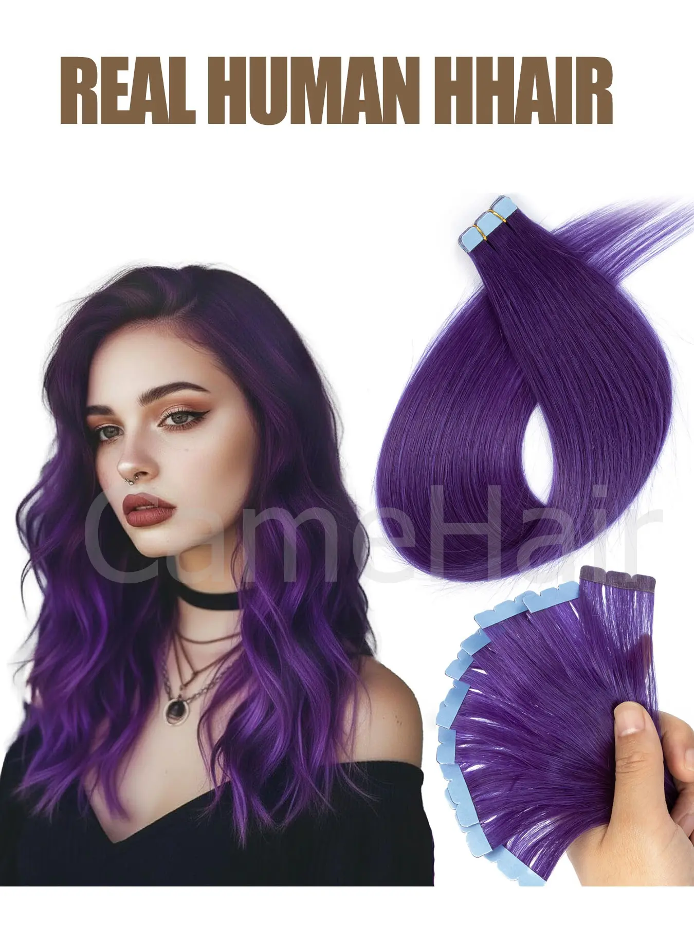 10Pcs Mini Tape in Hair Extensions Real Human Hair For Women Invisible Mini Straight Remy Hair Extensions Highlight Human Hair Purple Red Grey add volume and length for Halloween Christmas Party, Party Ready, Hair Pieces Extensions