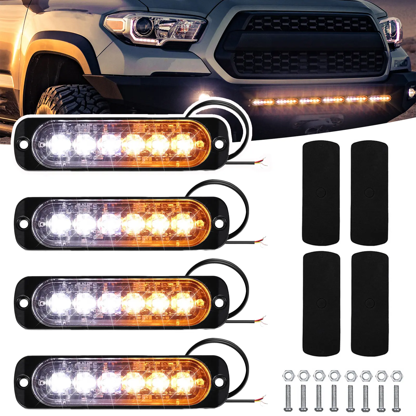 4 Pack 6 LED Strobe Lights Amber White, Emergency Hazard Warning Flashing Beacon Lamps for Car Truck SUV Pickup