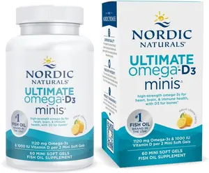Nordic Naturals Ultimate Omega Mini D3 Lemon Flavor 60 Mini Soft Gels 1120 mg Omega-3 1000 IU Vitamin D3 EPA DHA Promotes Brain Heart Health 30 Servings