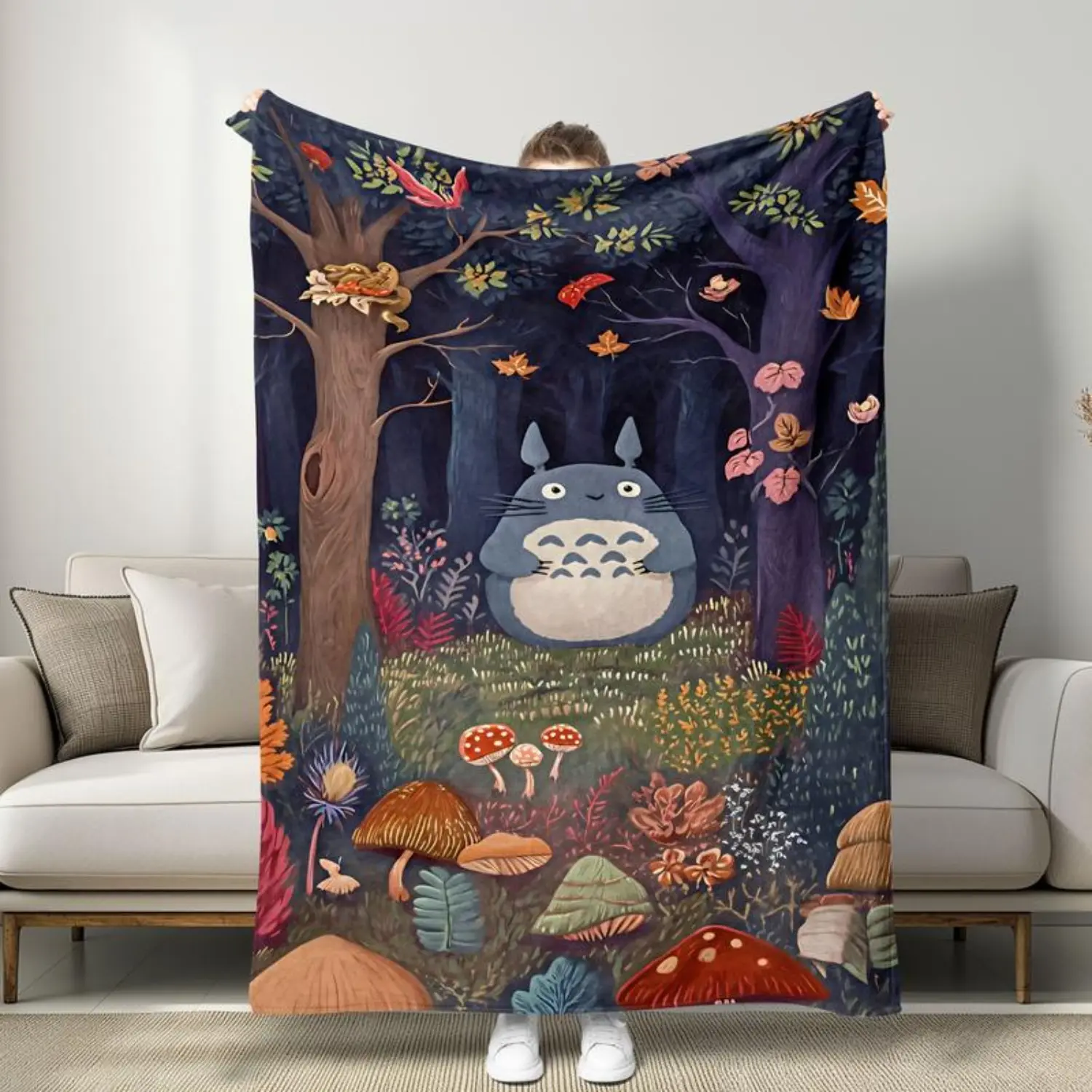My Neighbor Totoro Whimsical Anime Cartoon Forest-Themed Print Throw Blanket - All Seasons, Soft, Warm, Breathable, Classic, Durable, Machine Washable, Non-Customized Indoor Use Home Relaxation Decor Throw, Home Snuggle