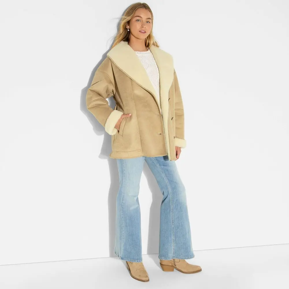 Women's Shawl Collar Shearling Coat - Wild Fable, Long Sleeves, Belt-Equipped, Premium Fabric Garment for Easy Matching