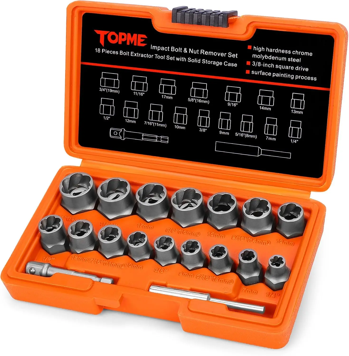 【DealsForYou】TOPME 18-Piece CR-MO Steel Bolt Extractor Kit, 3/8 Inch Drive Rounded Bolt & Nut Remover Set with Hex Adapter, Hex Bit Socket, Extractor Bar, High-Compatibility Drive Sockets for Impact Drill, Pneumatic Tools, Damaged/Rusted Fasteners (In/MM)