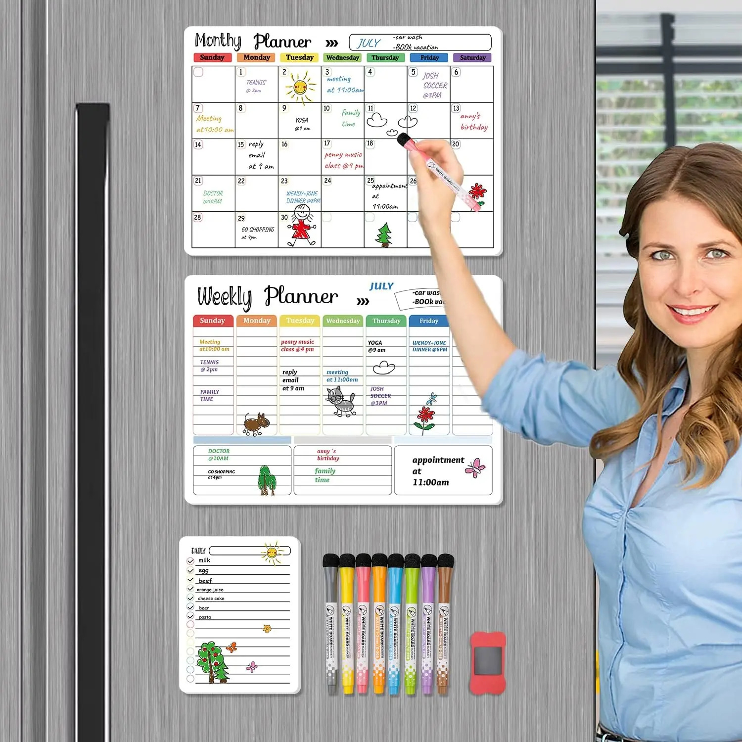 Magnetic Dry Erase Calendar Whiteboard, 1 SetIncluding Monthly, Weekly, and Daily PlanningCalendar & 8 Markers & Eraser, Magnetic ErasableChalkboard Set for Home Office, Study Supplies,Home Decor Planner Notebook Organizer Reusable