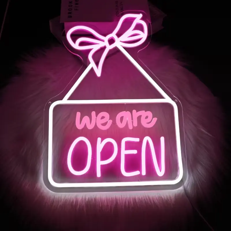 Customizable "We Are Open" LED Neon Sign with Pink Bow Charm - USB-Powered Summerwins Led Neon Decor, Office & Wall Decoration, Ideal Gift for Friends