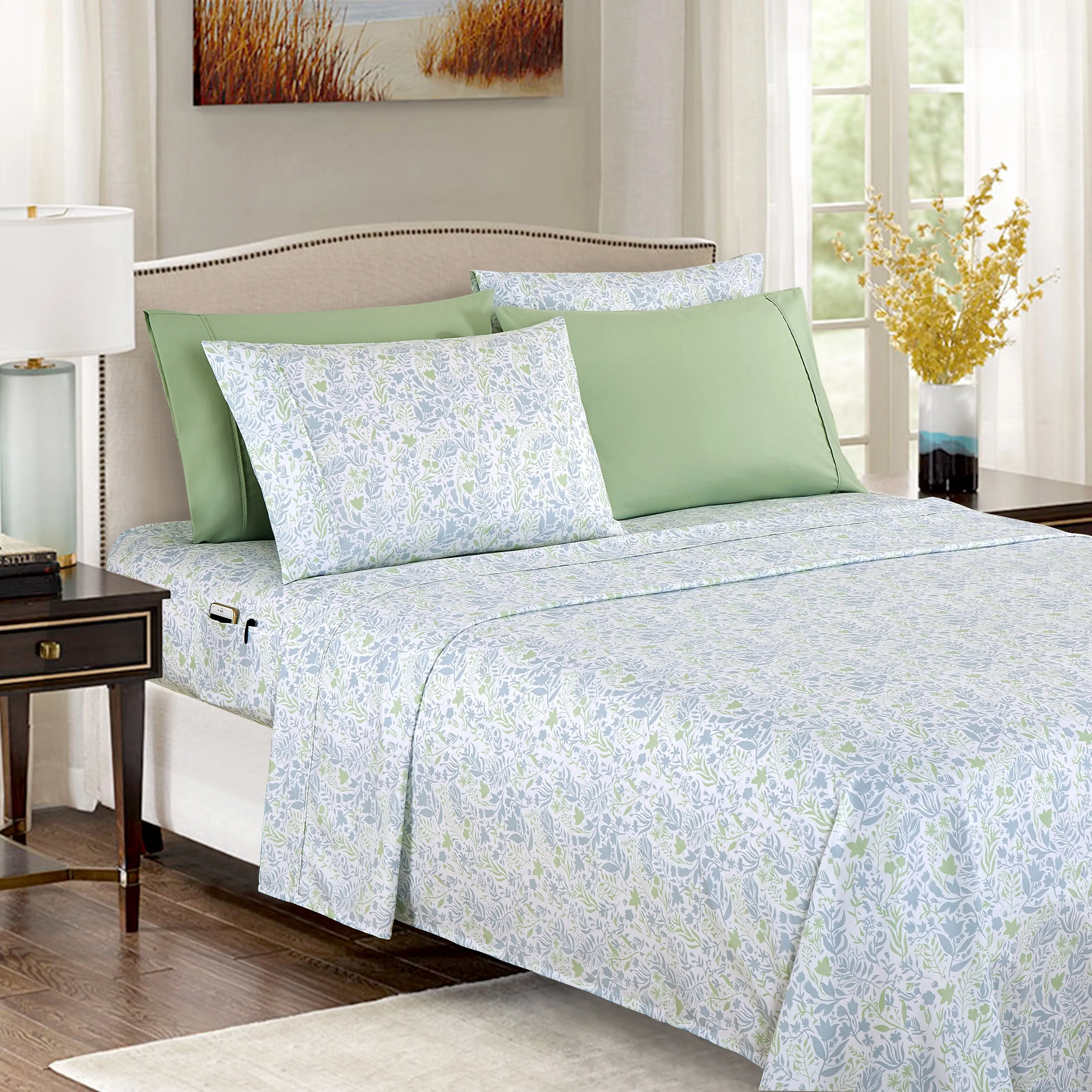 Mocassi 6-Piece Floral and Stripes Fitted Sheet Set - Hotel Premier Bedding, Skin-Friendly Microfibre Sheets with Silky-Soft Touch, Machine Washable