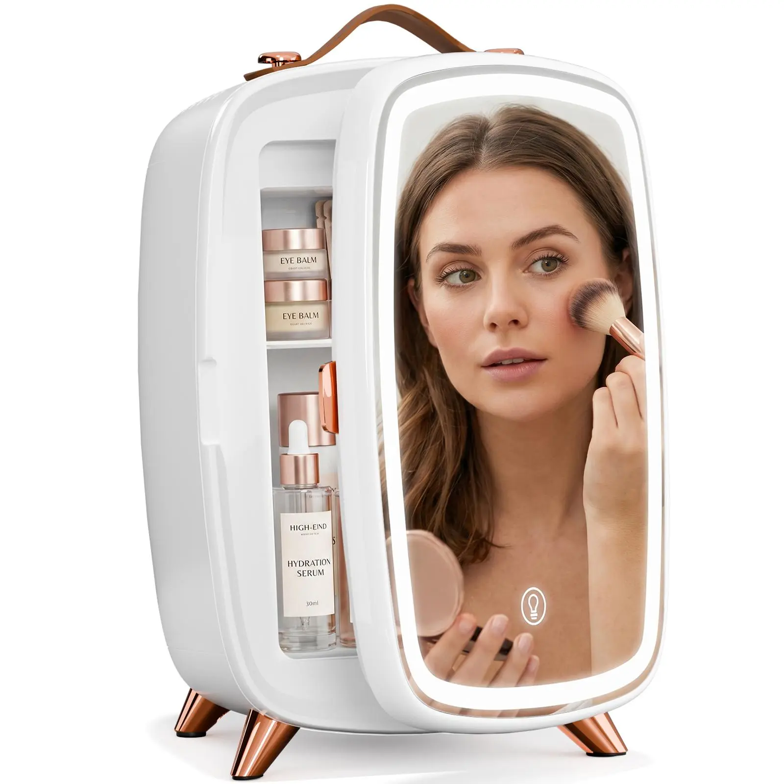 Electactic 6L Corded Portable Mini Beauty Fridge for Skincare - Compact Size Fits Vanity Desk/Bathroom - LED Mirror Door with Adjustable Brightness - Top Leather Handle - Efficient Cooling System Cools 15-17℃ Below Ambient, Portable Fridge, 100V-240V