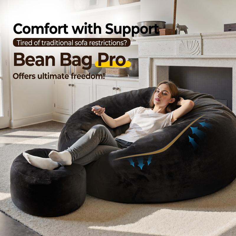 【Jumpstart Sale】Ovios Large 59" W Bean Bag Chair with Ottoman for Adults, Comfy Boneless Round Couch with Foam Filling and Plush Cover, O Shaped Fluffy Sofa Bed for Bedroom College Dorm