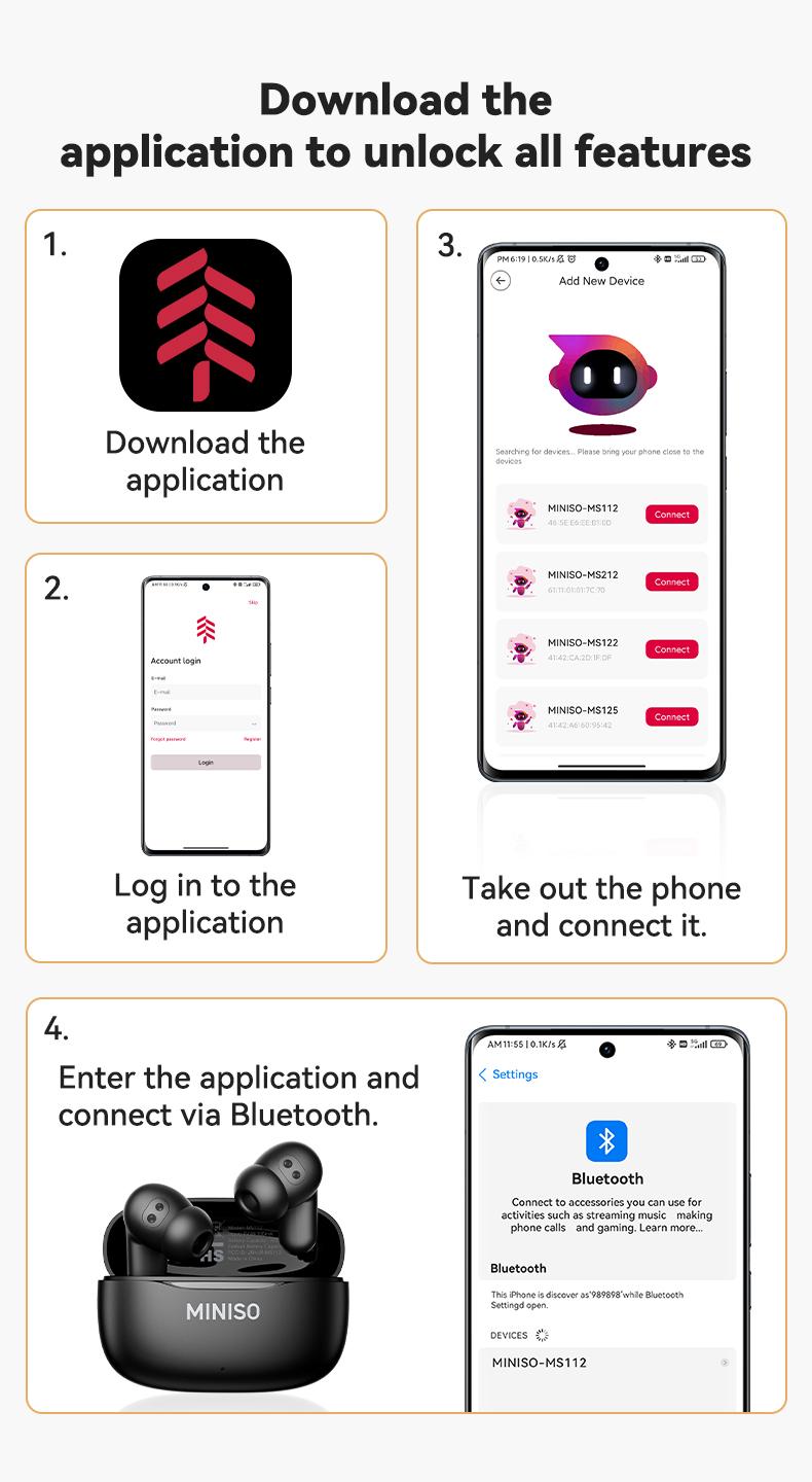 MINISO MS112 Wireless Earphones: Active noise cancellation, real-time translation, heart rate sensing, hearing aid function, Bluetooth connectivity, spatial audio, high-fidelity sound quality, USB-C charging.