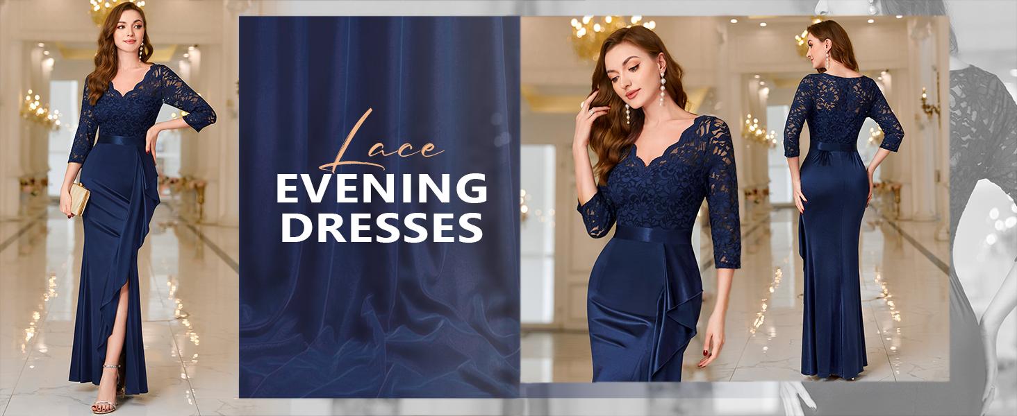 Miusol 23187 V Neck Contrast Lace Ruffle Satin Evening Party Maxi Formal Dress Womenswear Elegant Wedding Guest graduationdress Bridesmaid Dresses prom dress SpringStatements