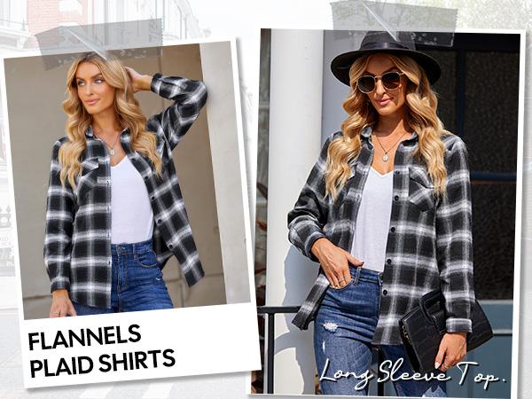 ZEAGOO Women's Flannel Shirts Long/Roll Up Sleeve Collared Button Down Plaid Shirt Casual Work Tops Thin Short