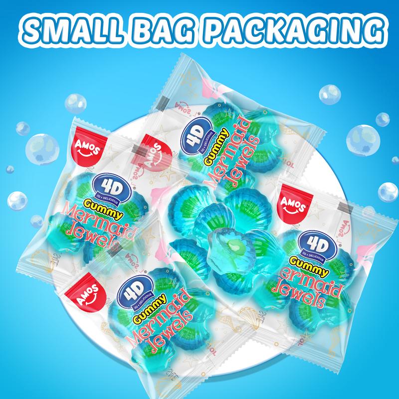 Amos 4D Gummy Mermaid Jewels - Blue Raspberry Flavor, Jelly-Filled Chewy Fruit Snacks, Gluten-Free, Resealable Bags, Healthy Exotic Sweet Treats - Bite