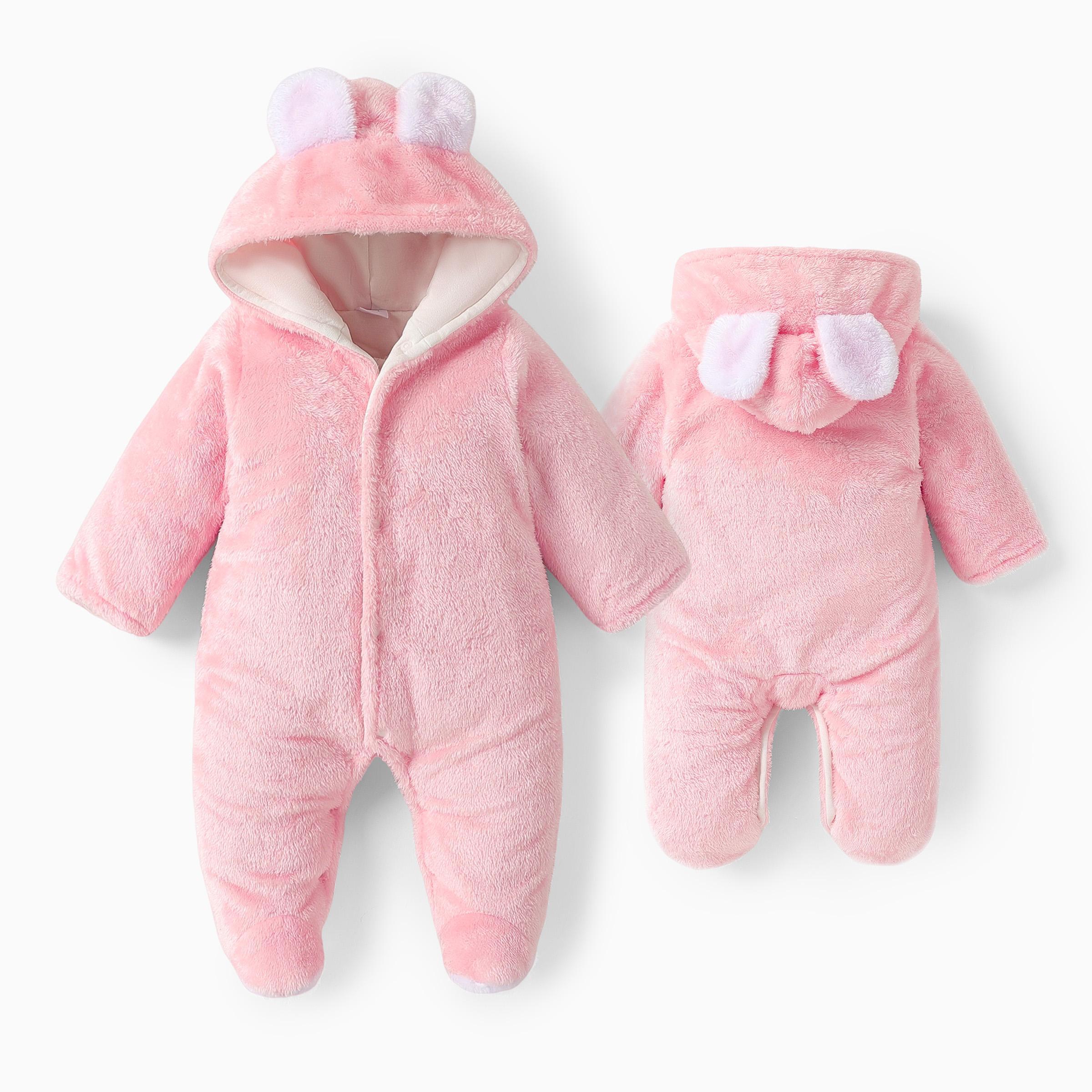 PatPat Baby Boy/Girl Bear Style 3D Ears Hooded Solid Plush Footed Jumpsuit: Soft & Cute for Winter, All-day Snuggle, Keeping Warm & Stylish