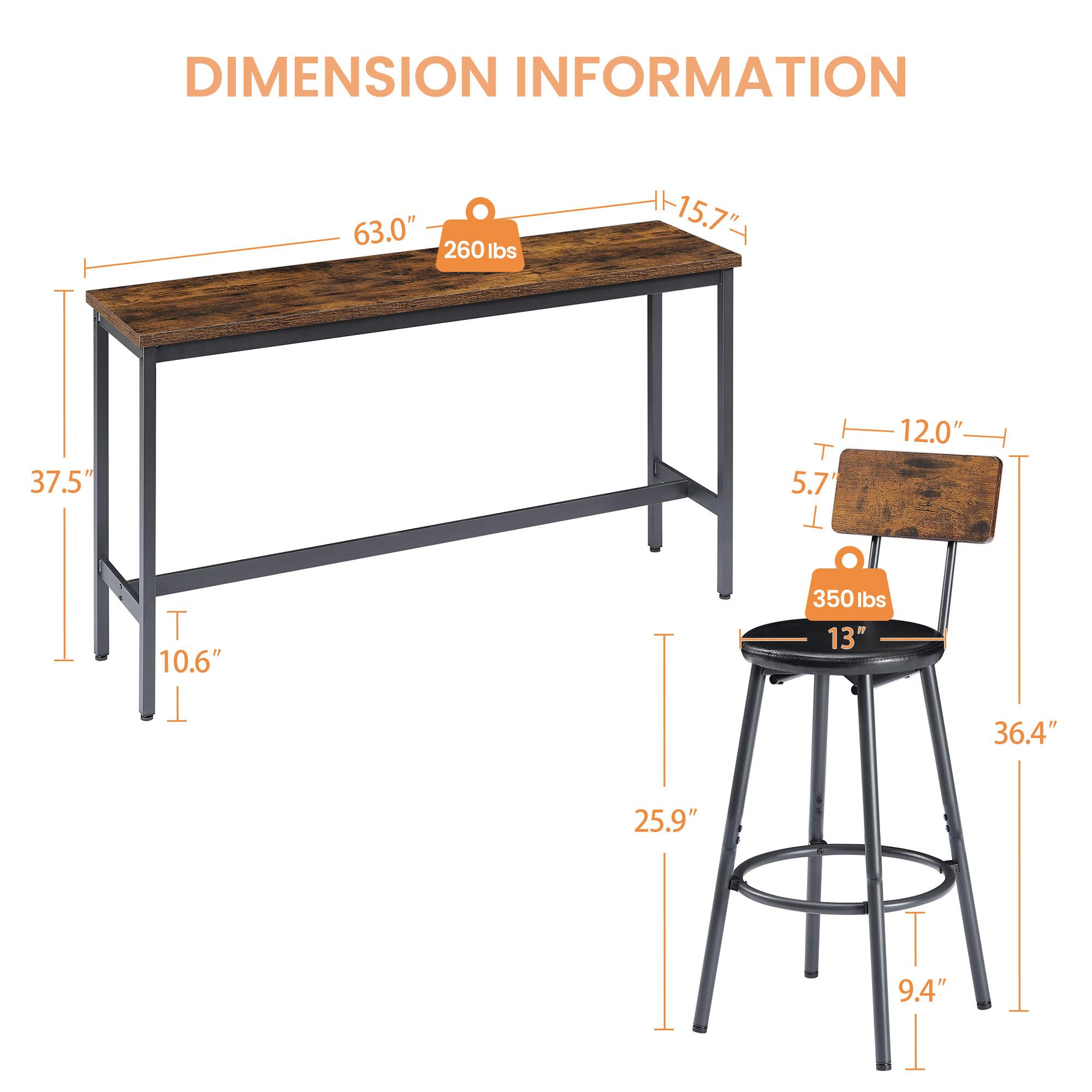 Long Bar Table Set with 3 PU Upholstered Bar Stools, Industrial Bar Table and Chairs for Kitchen Breakfast Table, Living Room, Banquet Hall, Rustic Brown and Black, 63″L x15.7"W x 37.5"H Long Bar Table Set with 3 PU Upholstered Bar Stools, Industrial Bar Table and Chairs for Kitchen Breakfast Table, Living Room, Banquet Hall, Rustic Brown and Black, 63″L x15.7"W x 37.5"H