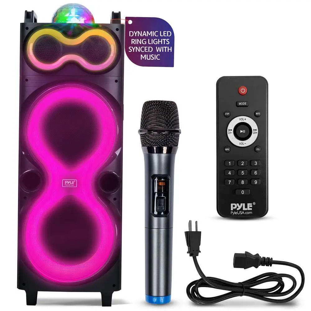 240W Deep Bass Portable Wireless Bluetooth Party Speaker with Handle - Dual 10" Stereo Drivers, LED Lights, Digital Karaoke Setup, Radio Receiver, Rechargeable, Remote Control, Power Cable, Smart Device Streaming, Outdoor Loud Bass Speaker