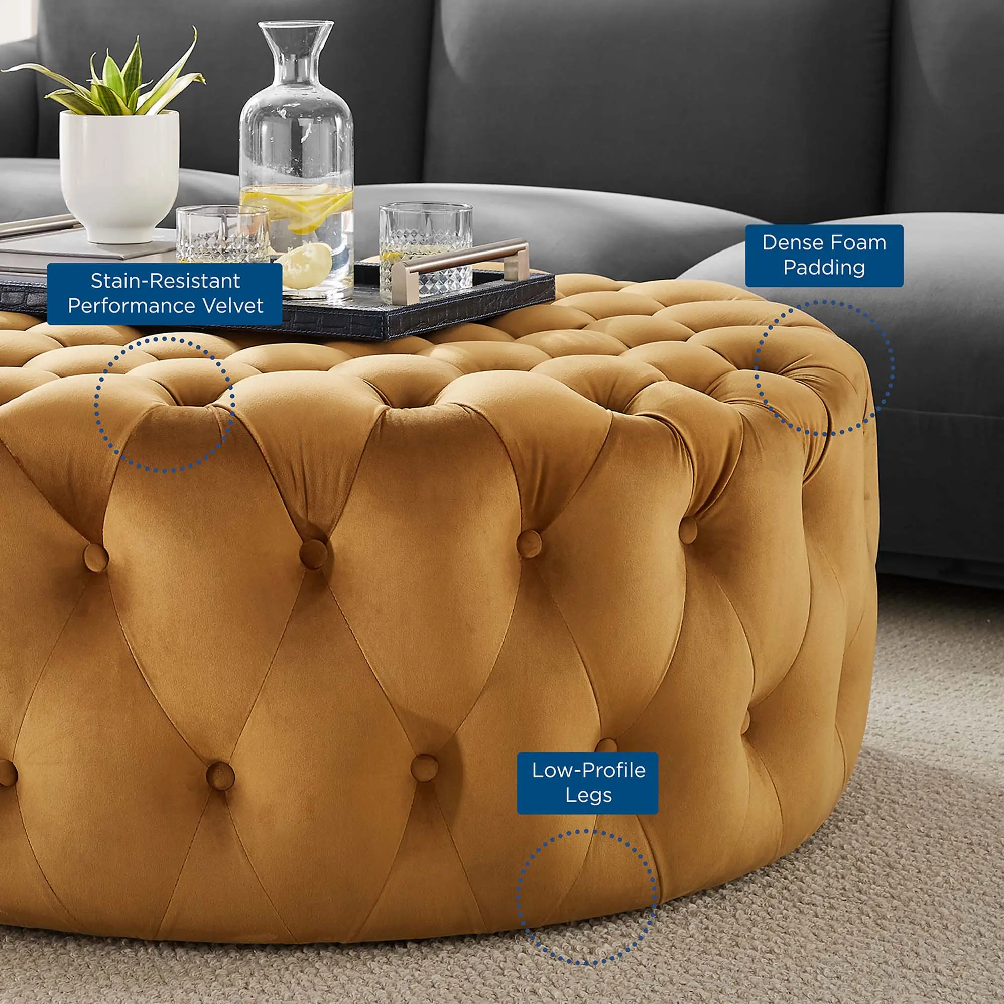 Modway Amour Tufted Upholstered Ottoman - Large Round Cognac Performance Velvet Footstool, Soft Curved Foam Cushion Stool, Glam Living Room Furniture with Velvet Fabric for Decor