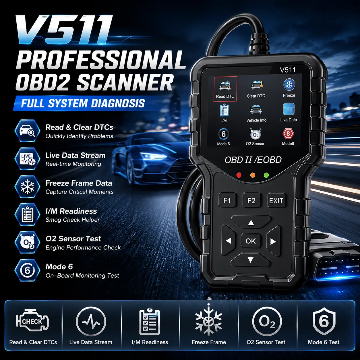 V511 OBD2 Scanner Live Data Professional Mechanic OBDII Diagnostic Code Reader Tool For Check Engine Light #Summervibes, Car Scanner Diagnostic Tool, Diagnostic Tester
