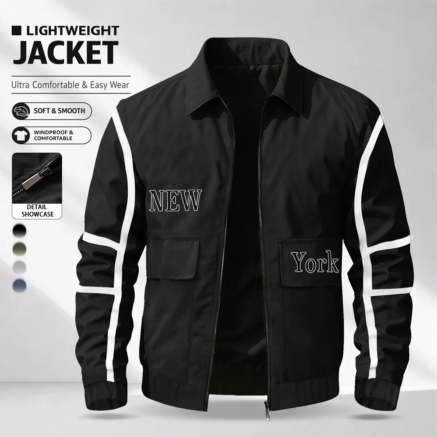 Men’s casual jacket with a turn-down collar, made from lightweight, abrasion-resistant fabric.regular fit letter print zip, zipper closure, and reflective stripes. Suitable for everyday outings and commuting. A trendy, practical workwear jacket.
